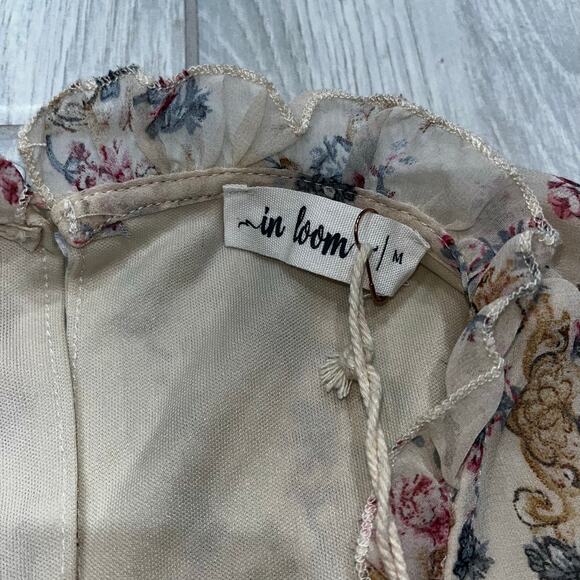 In Loom Women's MD Cream Floral Tiered Chiffon Overlay Babydoll Midi Dress NWT - Picture 7 of 9